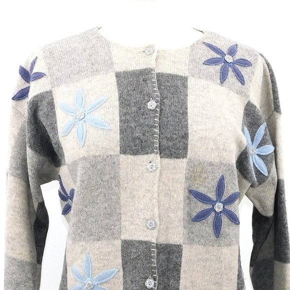 Talbots 100% Lambswool Flower Stitched Button Front Cardigan - Picture 3 of 12